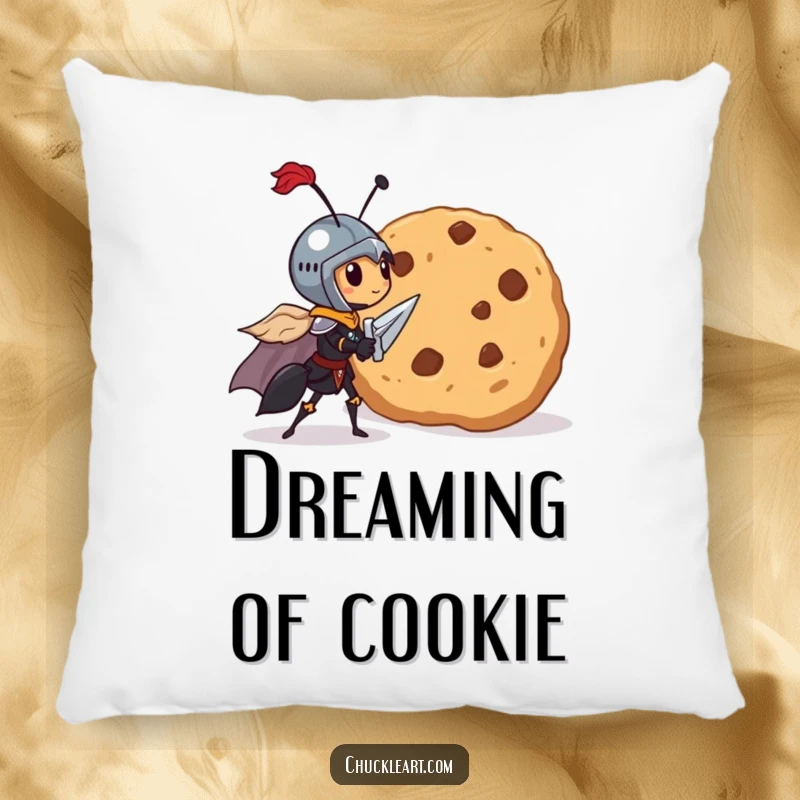 Funny pillow featuring a brave, tiny ant knight in armor heroically facing a giant cookie.