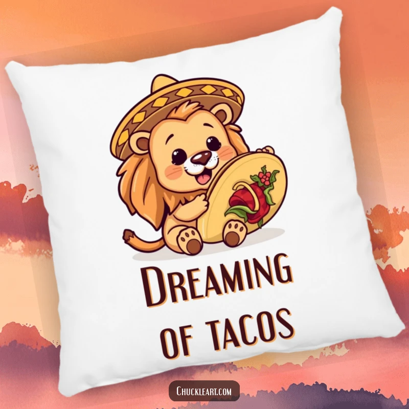Plush pillow featuring a funny lion wearing a miniature sombrero, struggling to eat a giant taco, bringing humor to any cozy space.