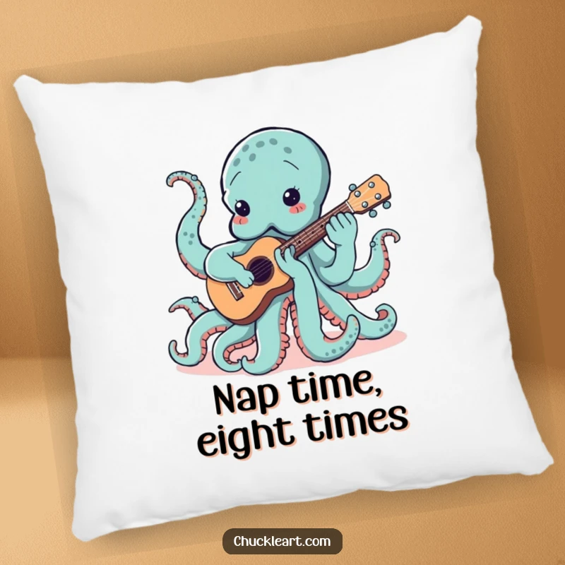 Soft pillow featuring a funny octopus entangled with a ukulele, illustrating a humorous musical performance, perfect for lounging.