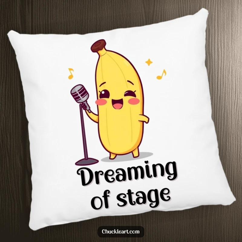 Funny pillow featuring a smiling banana in a bow tie, performing opera with exaggerated emotion.