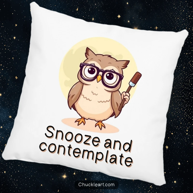 Funny pillow with a confused owl wearing glasses, painting a smiley face on the moon, adding creative and humorous charm to decor.