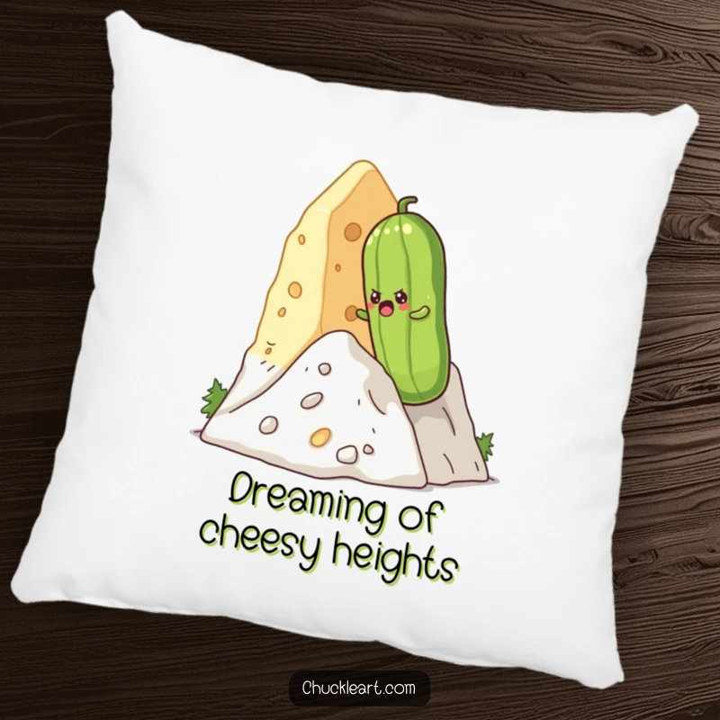 Funny determined pickle climbing a giant cheese mountain, featured on a soft and funny pillow.
