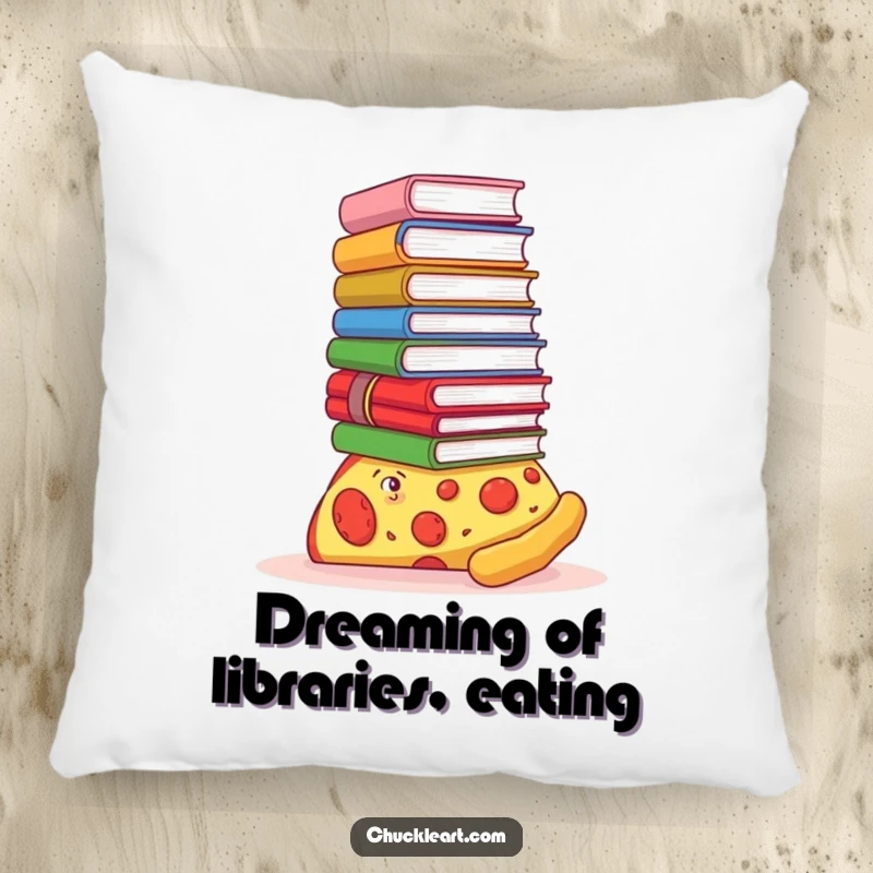 Funny pillow design with a pizza slice precariously balancing a tall stack of books on its crust, adding humor to relaxation.