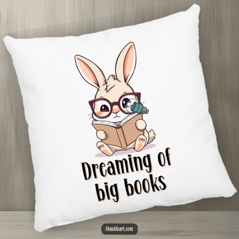 Funny rabbit pillow with a rabbit wearing oversized spectacles reading a microscopic book, offering comfort and a touch of studious, humorous decor.