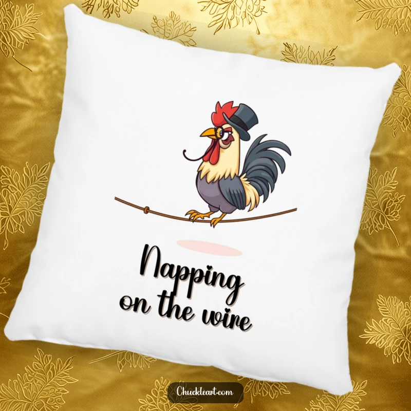 Funny pillow featuring a proud rooster in a monocle and top hat, elegantly strutting on a tightrope.