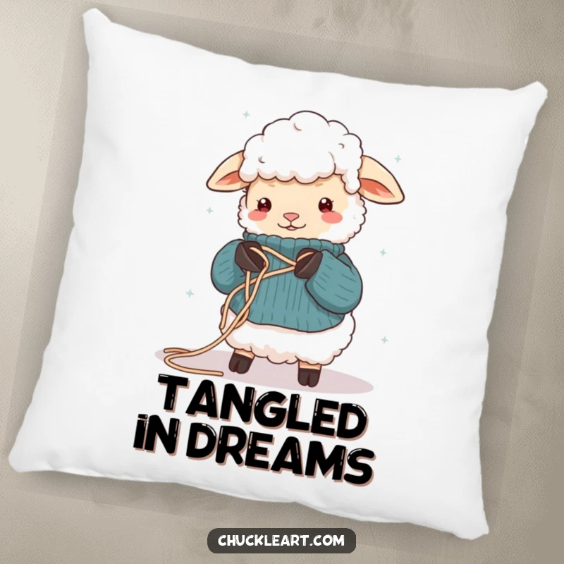 Funny pillow showcasing a sheep hilariously tangled in yarn while attempting to knit, bringing comfort and comedy to any living space.