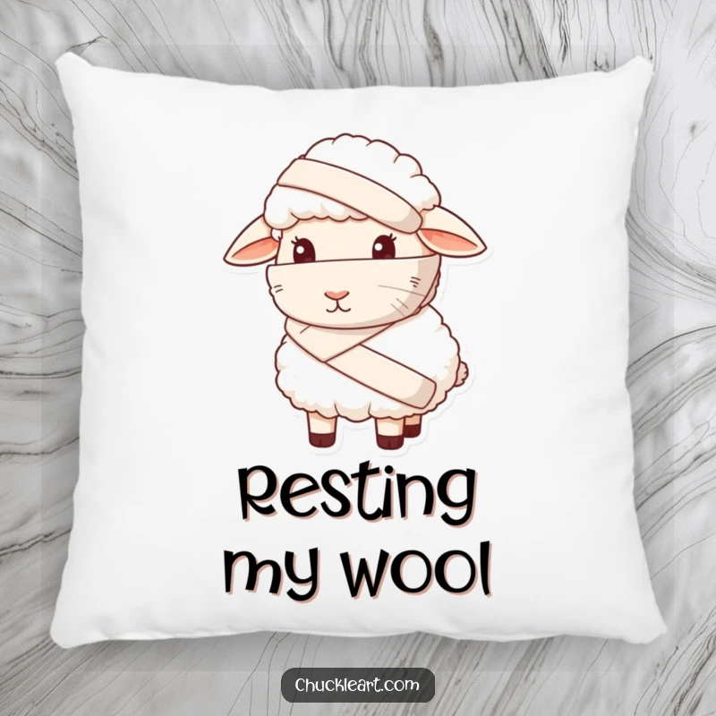 Funny pillow depicting a sheep with a giant bandage looking sheepish, offering comfort and amusement.