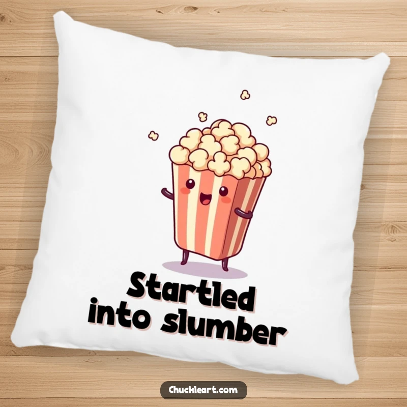 Funny pillow featuring a piece of popcorn comically jumping out of its bag, offering both comfort and humor.