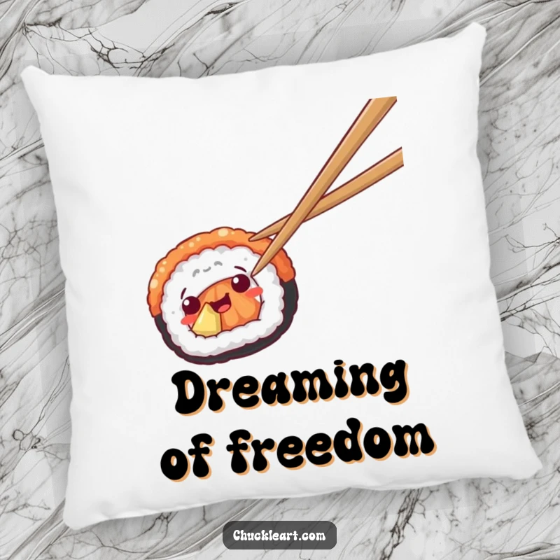 Funny pillow showcasing sushi escaping chopsticks, adding comfort and food-themed humor.