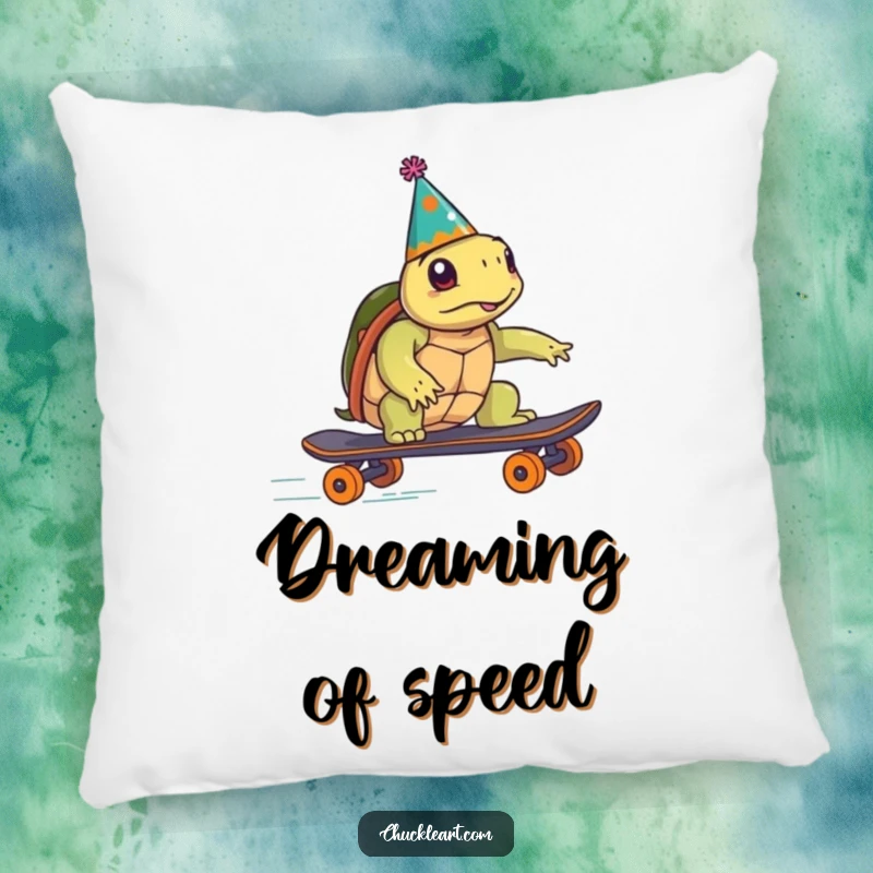 Funny turtle in a party hat hilariously tries to speed on a skateboard, depicted on a soft pillow for a funny gift.