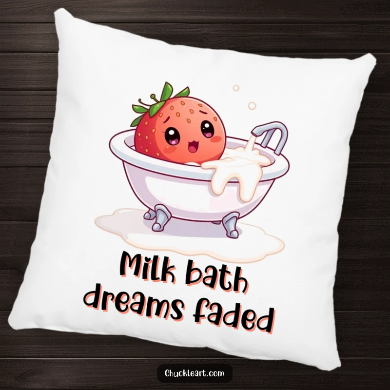 Funny pillow depicting a surprised strawberry in a tiny overflowing milk bathtub, offering comfort and amusement.
