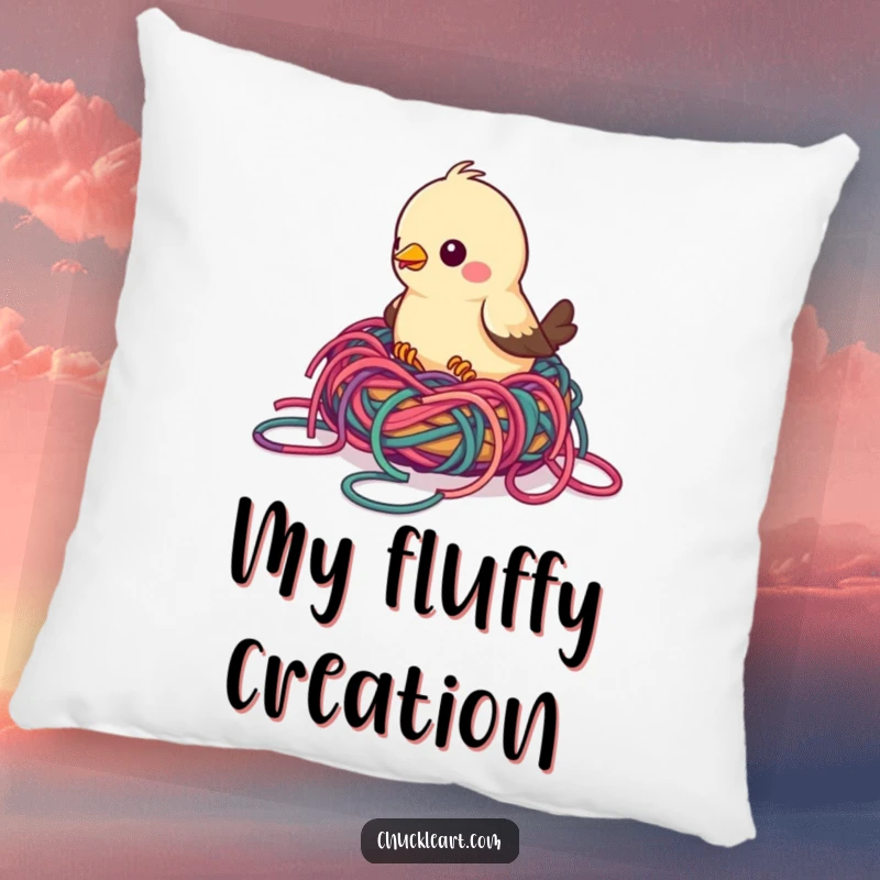 Funny bird pillow with a bird building a nest out of colorful, tangled yarn, offering comfort and a touch of humorous crafty decor.