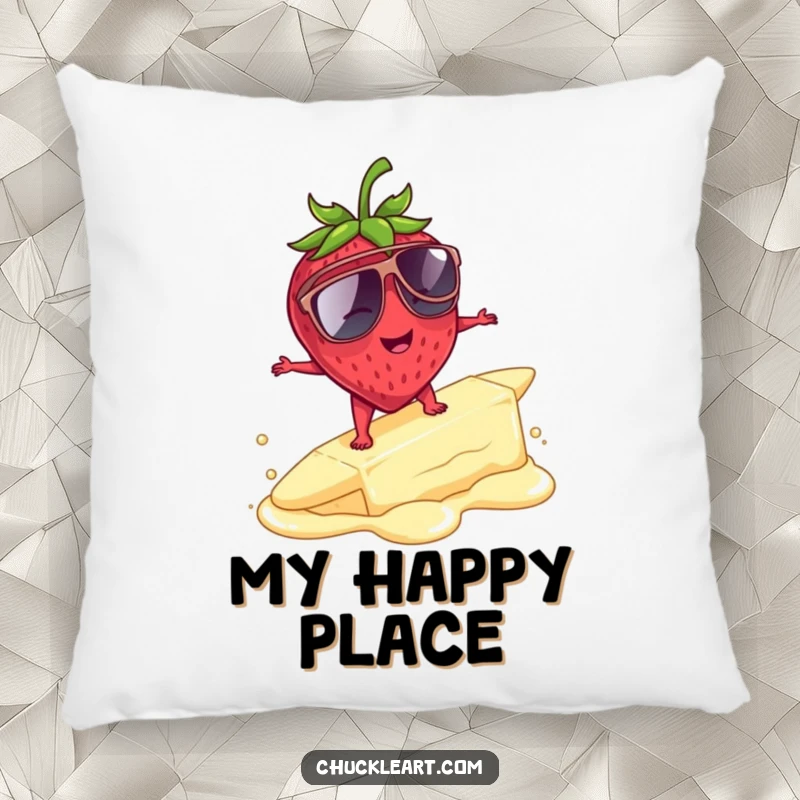 Funny strawberry wearing sunglasses surfing melting butter, a soft and humorous decorative pillow for comfort.