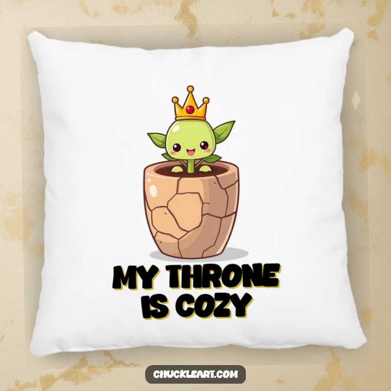 Soft pillow featuring a proud little sprout in a crown, breaking free from a cracked pot, symbolizing perseverance and beauty.