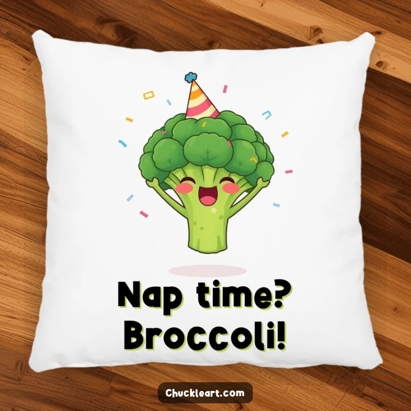 Funny broccoli pillow designed with a cheerful broccoli in a party hat, complete with festive confetti for a humorous touch.
