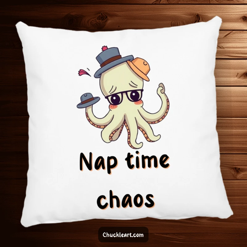 Funny confused octopus hilariously tangled in hats, arms everywhere, depicted on a soft pillow for a funny gift.