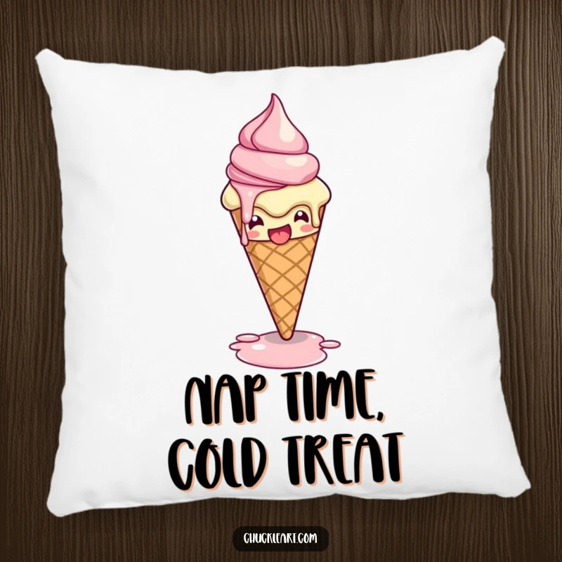 Funny pillow depicting a melting ice cream cone striking a dramatic pose, offering comfort and a humorous touch to any living space.