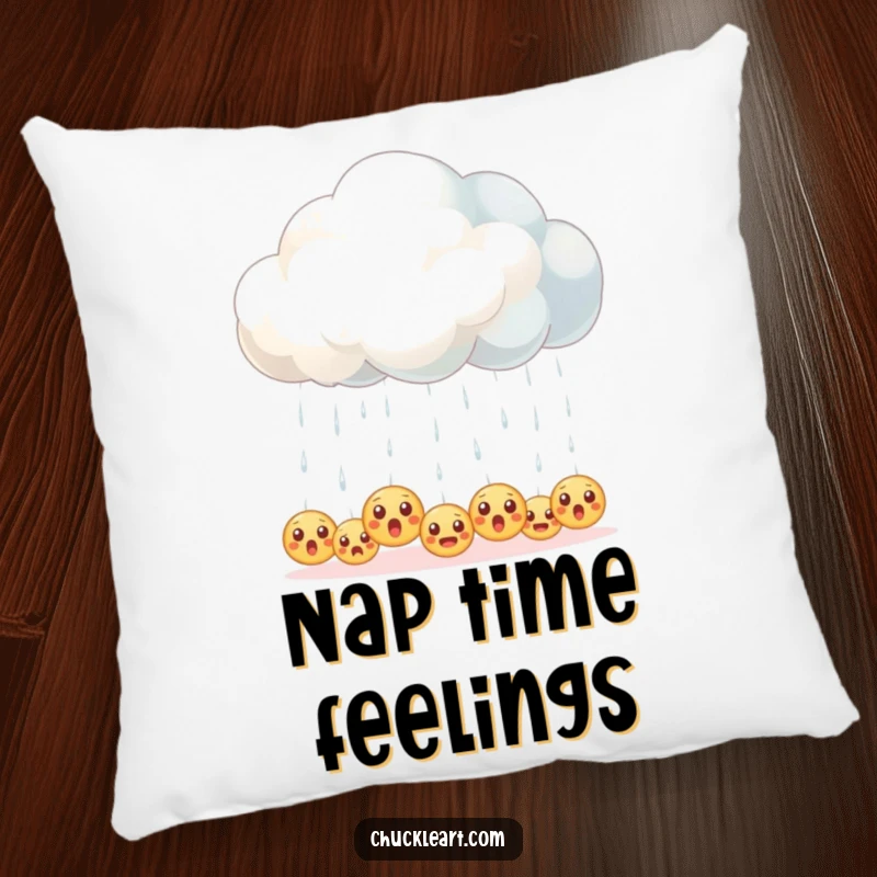 Funny pillow featuring a fluffy cloud accidentally raining down small, surprised emoji faces.
