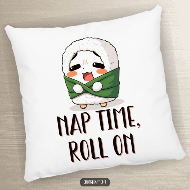 Funny pillow with a confused sushi roll attempting to tie its seaweed belt, providing comfort and a humorous touch to any room.