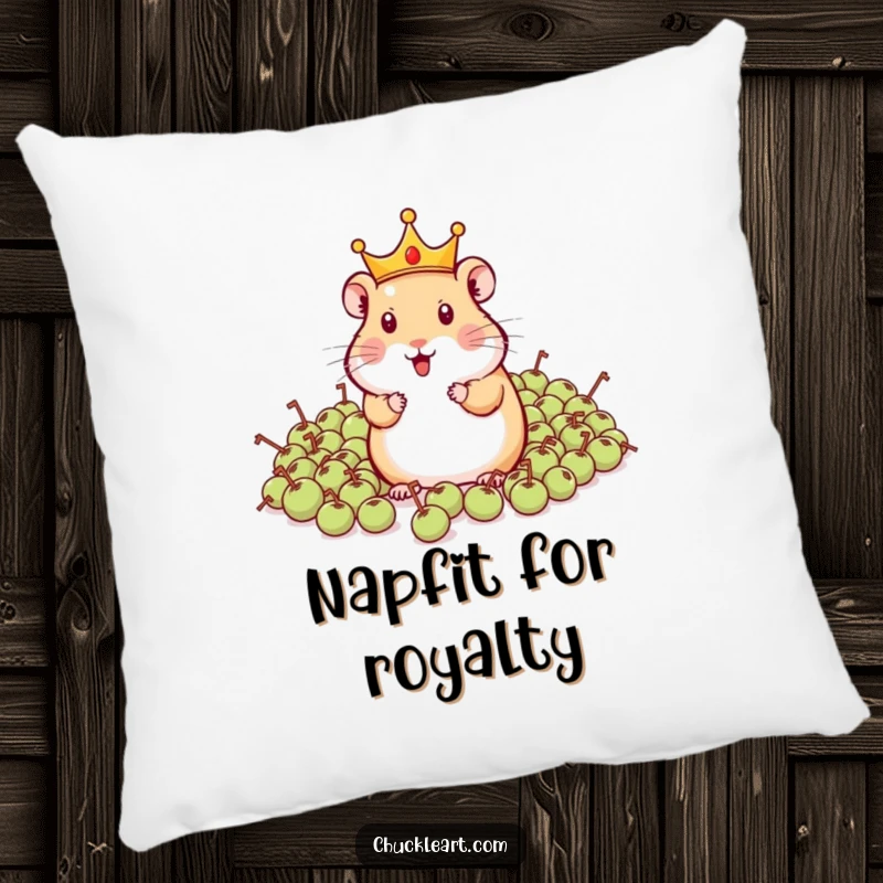 Funny hamster wearing a crown, commanding peas on a cozy pillow, offering comfort and quirky pet humor.