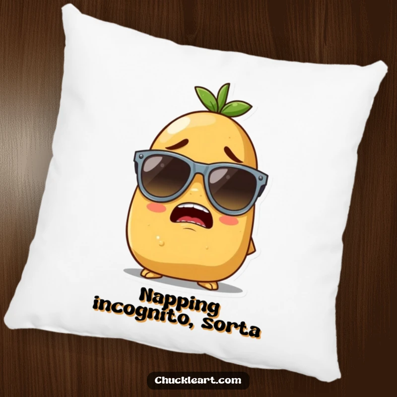 Funny pillow design of a potato character trying to wear sunglasses that are significantly too large, bringing humor to comfort.