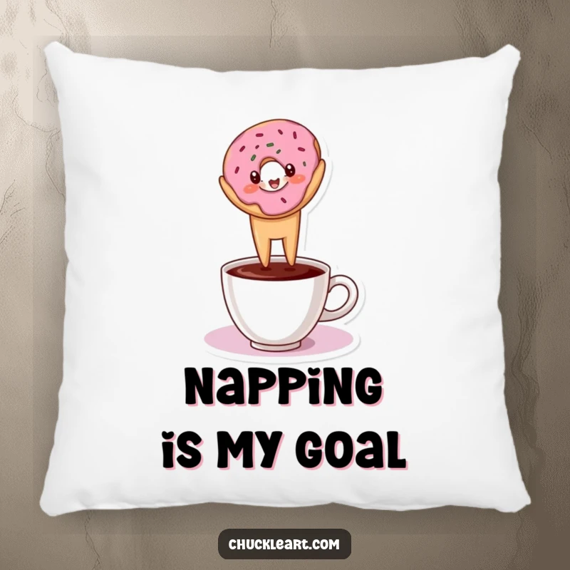 Funny pillow showcasing a donut in a headstand on a coffee cup, adding comfort and quirky humor.