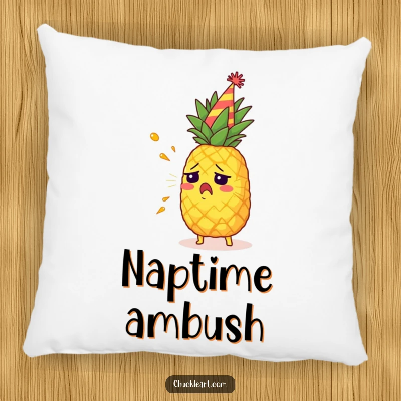 Funny startled pineapple wearing a party hat, spraying juice, a soft and humorous decorative pillow.