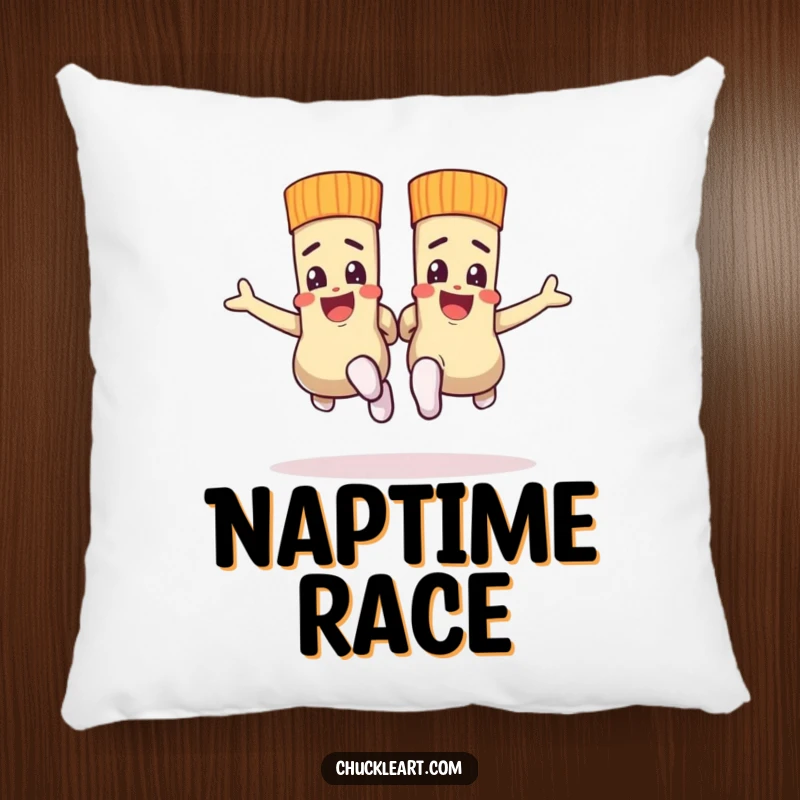 Funny pillow depicting socks in a spirited race, offering comfort and humorous decor.