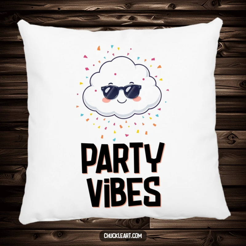 Funny giggling cloud wearing sunglasses, raining confetti, on a pillow, a soft and humorous decor item.