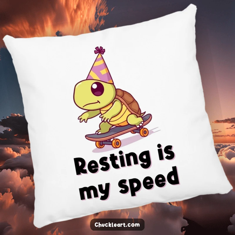 Funny pillow showcasing a turtle in a party hat attempting to skateboard fast, bringing comfort and comedy to any room.