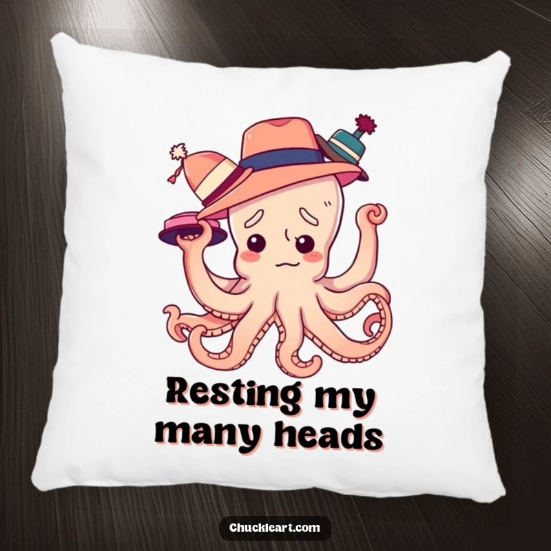 Funny pillow showcasing a confused octopus entangled in multiple hats, bringing comfort and comedy to any living space.