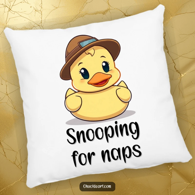 Funny pillow design of a rubber duck wearing a detective hat, holding a magnifying glass and looking for clues, bringing humor to comfort.