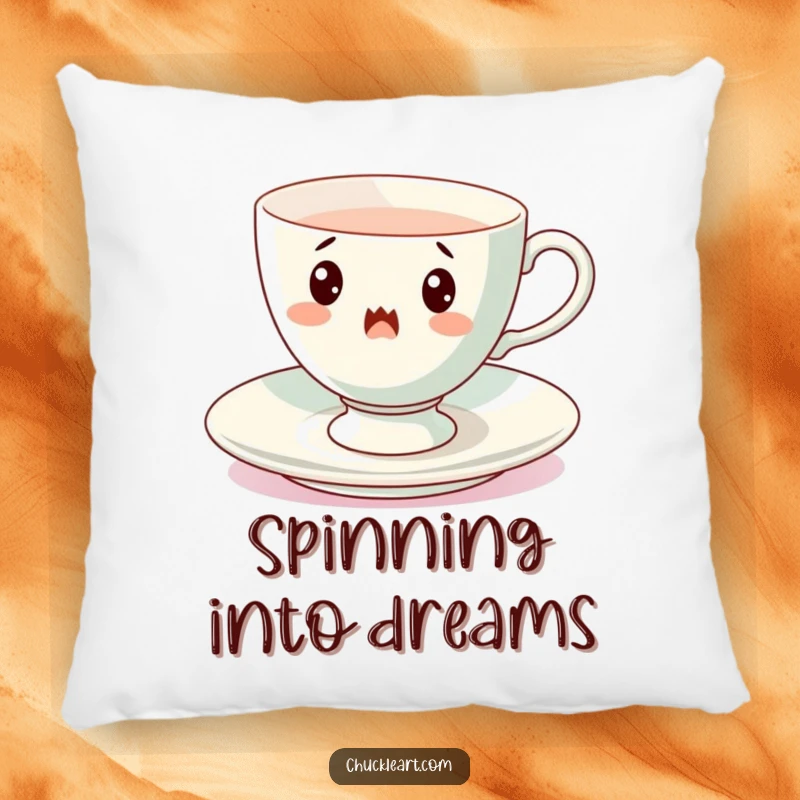 Funny spinning teacup pillow, a surprised cup mid-spin on its saucer, offering plush comfort and whimsical amusement.