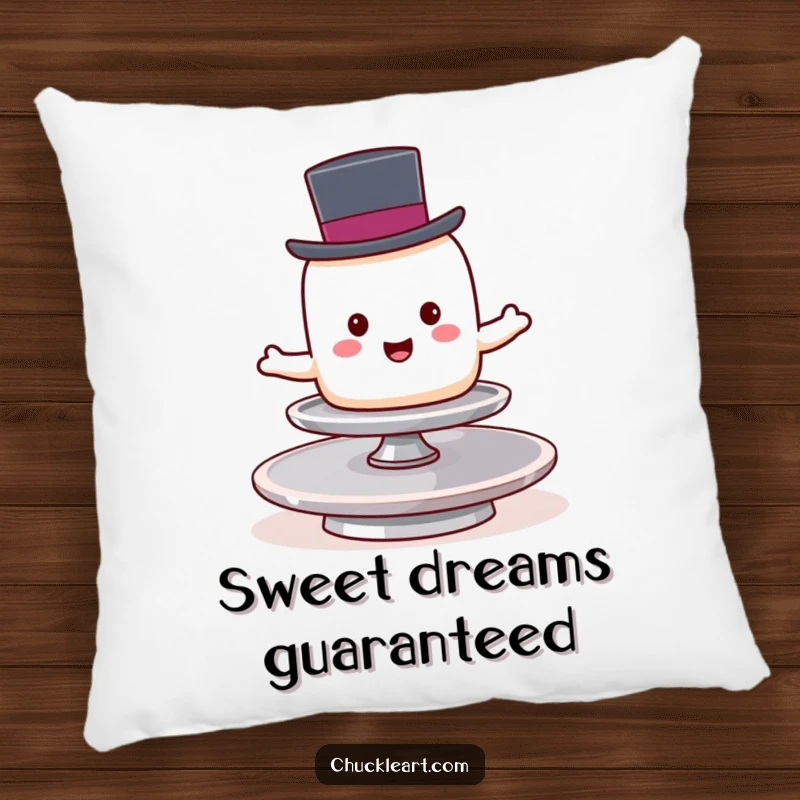 Funny marshmallow wearing a top hat tries to balance on a spinning plate, a soft and humorous decorative pillow.