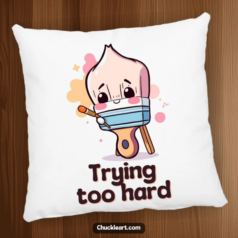 Funny pillow displaying a clumsy paintbrush attempting to paint its own handle, adding humor to any room.