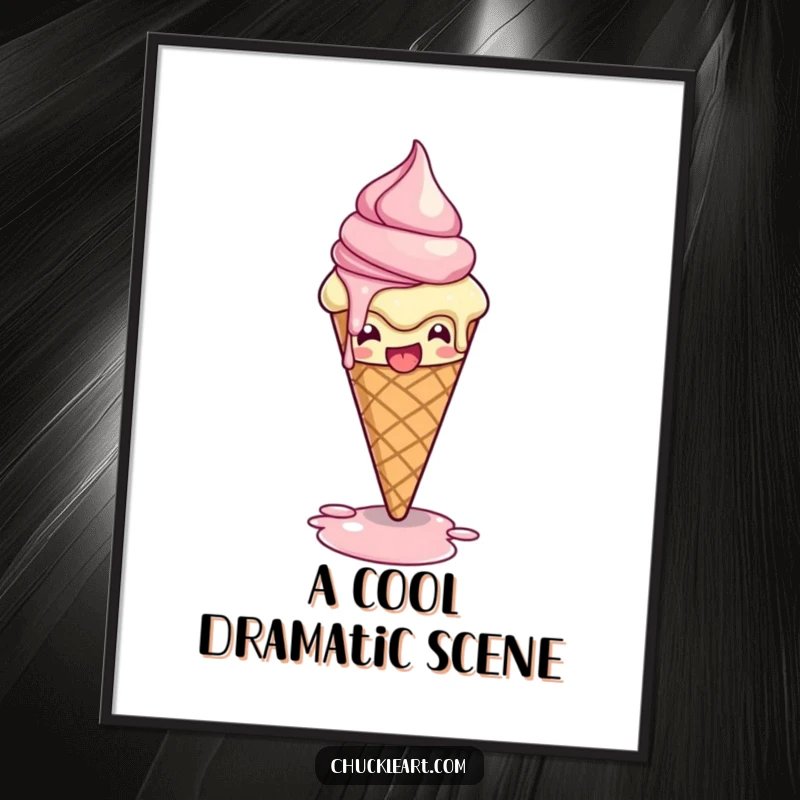Funny digital art print of a melting ice cream cone striking a dramatic pose, offering a sweet and humorous visual for immediate download.
