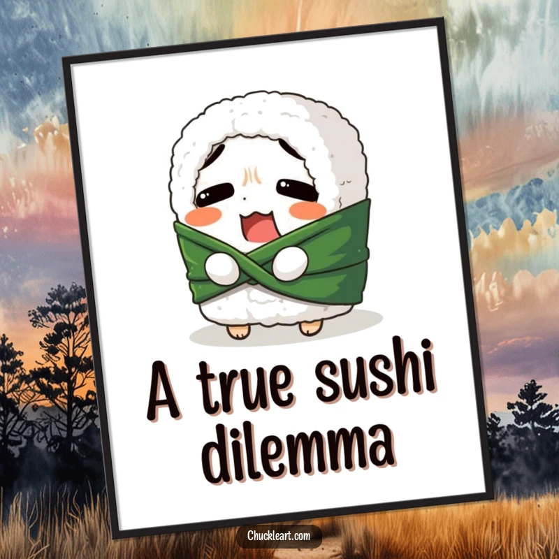 Funny digital art print of a confused sushi roll attempting to tie its seaweed belt, offering a comical food-themed visual for immediate download.
