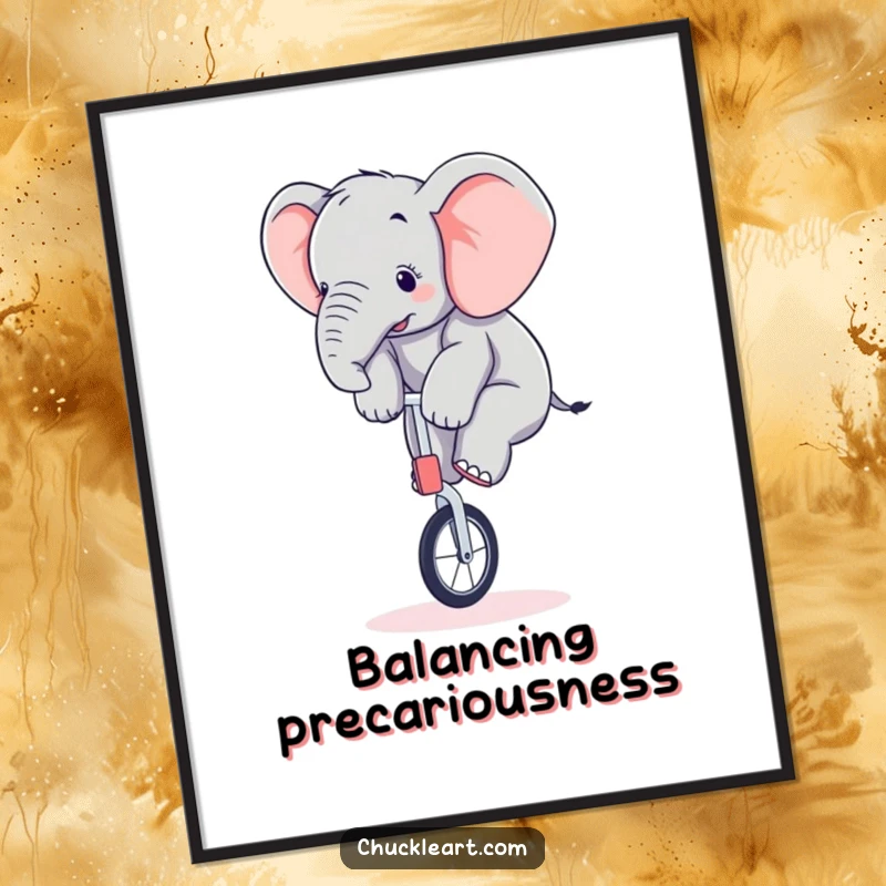Funny elephant digital art print showing a clumsy baby elephant trying to balance on a miniature unicycle, perfect for immediate download.