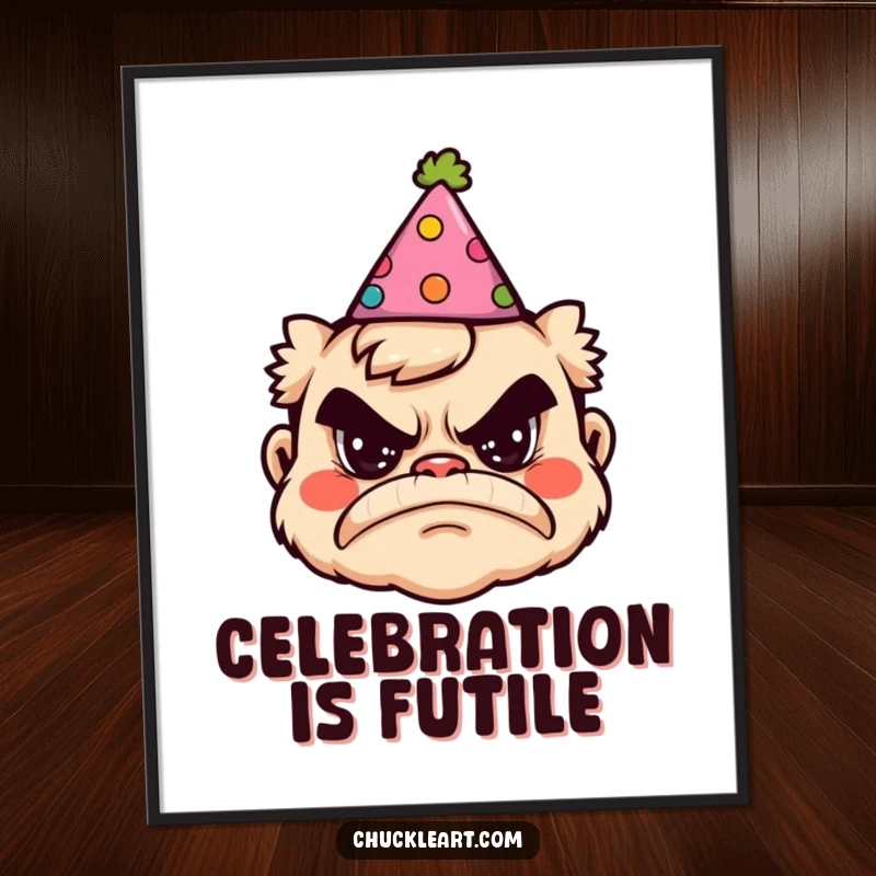 Funny digital art print of a grumpy face wearing a silly party hat, conveying humorous birthday-themed grumpiness.