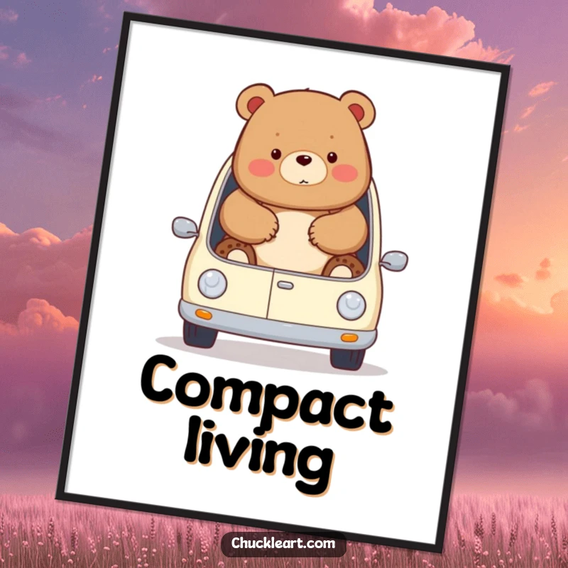 Funny chubby bear comically tries to fit in a miniature car, spilling out, on a digital art print, ideal for a funny gift.