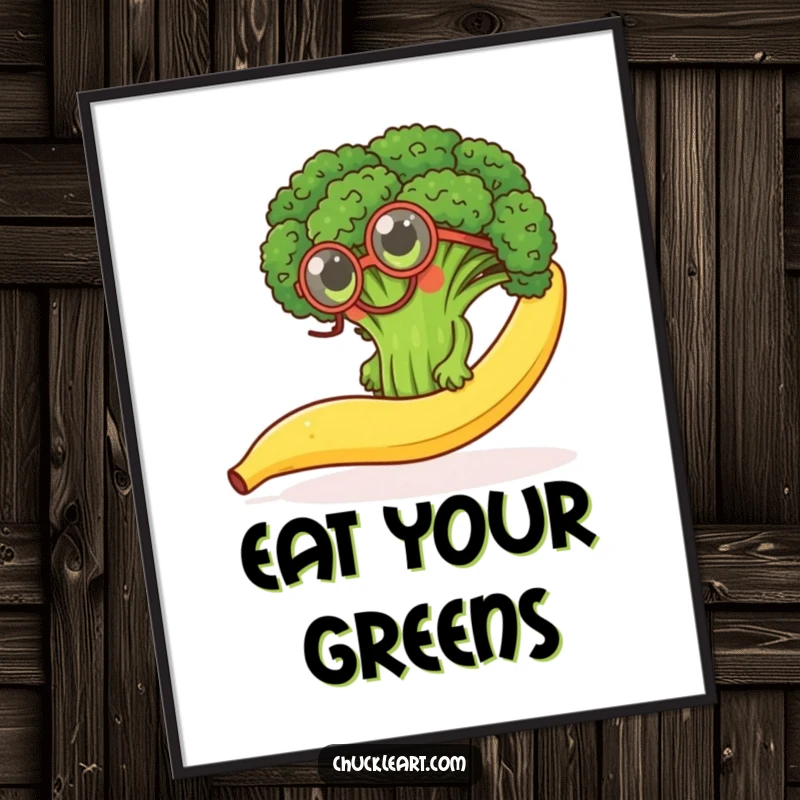 Funny digital art print of a determined broccoli floret wearing a monocle, hilariously climbing a slippery banana peel, instant decor.