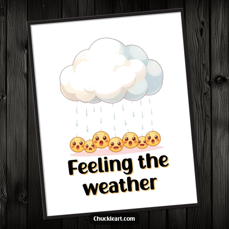 Funny digital art print of a fluffy cloud accidentally raining down small, surprised emoji faces.