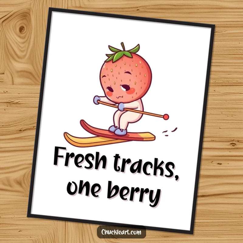 Funny skiing strawberry digital art print, a determined berry on a breadstick ski, ready to add humorous charm to your walls.