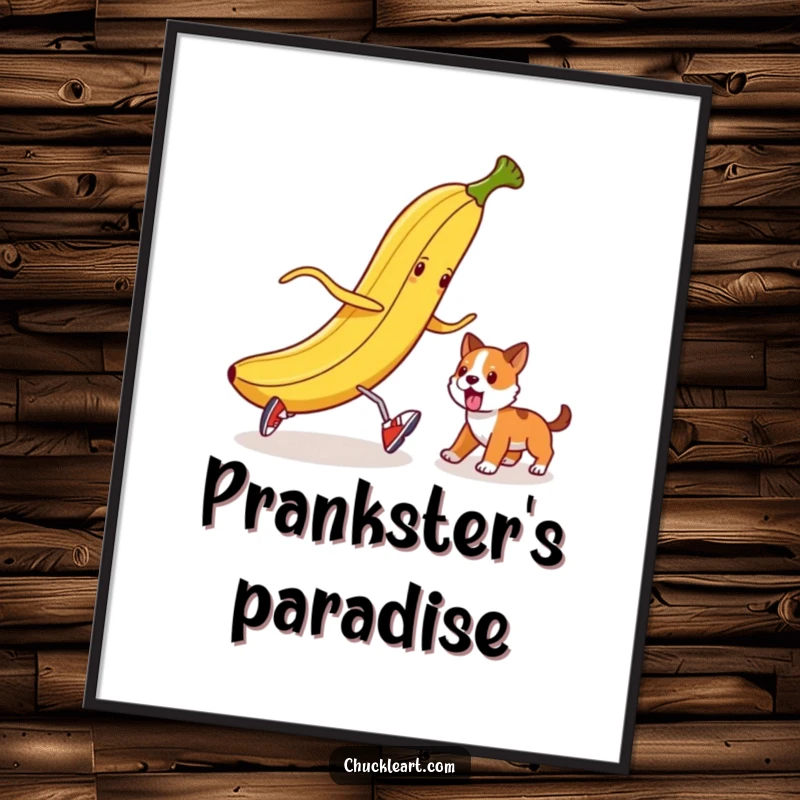 Funny banana peel in tiny shoes attempting to trip a dog, a digital art print for instant humor.