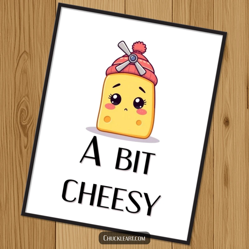 Funny digital art print of a bewildered cheese slice character wearing a small propeller beanie, a whimsical and humorous downloadable.