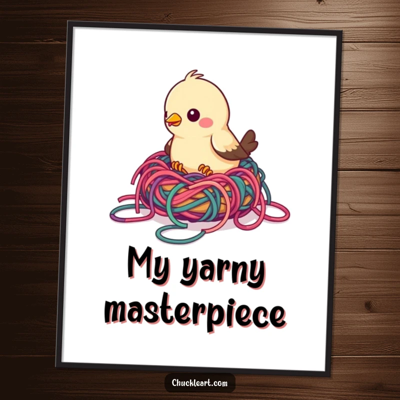 Funny bird digital art print showing a bird attempting to build a nest with colorful, tangled yarn, ideal for whimsical wall decor.