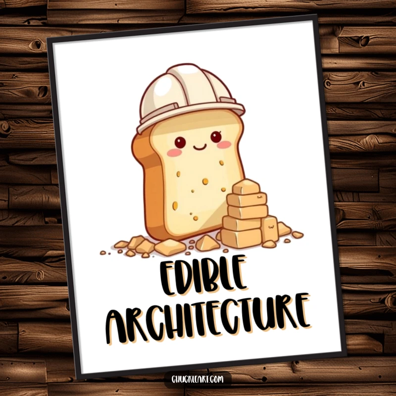 Funny digital art print of a bread loaf in a construction hat building a crumb tower, humorous digital decor.