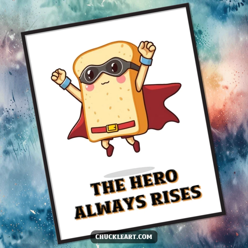 Funny loaf of bread as a superhero striking a triumphant pose mid-air, humorous digital art for printing and food lovers.