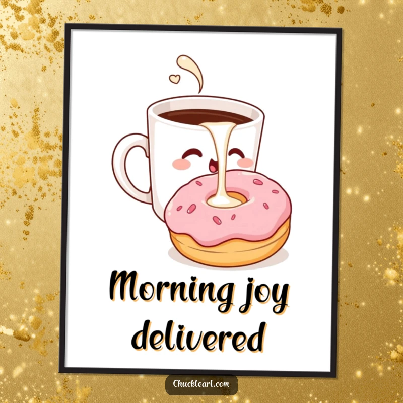 Funny digital art print of a winking coffee cup pouring milk into a surprised donut, humorous digital decor.