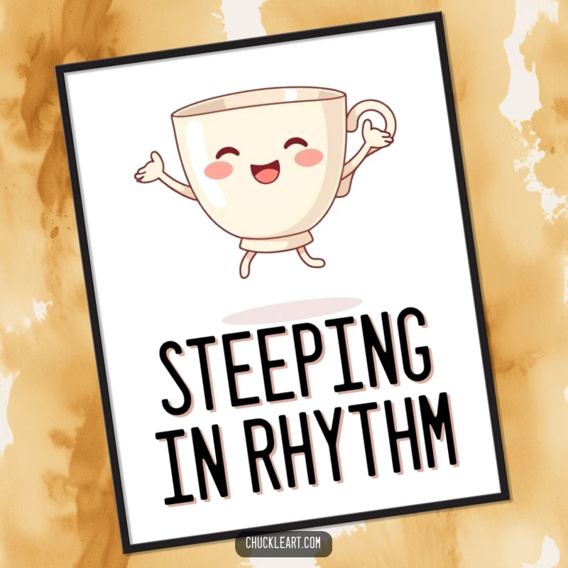 Funny digital art of a teacup with arms and legs joyfully doing a silly dance, a vibrant and humorous piece.